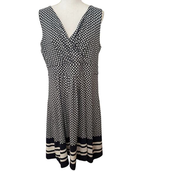 Lands End Navy Blue White Diamond Print Nautical Sleeveless V Neck Midi Dress XL - Picture 1 of 9